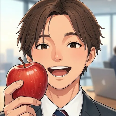 かなめのプロフィールアイコン(スーツ姿でリンゴを持つイラスト)